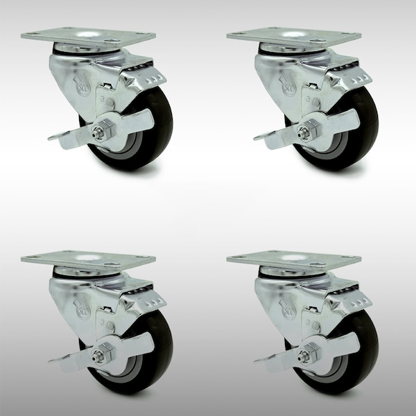3.5 Inch SS Black Polyurethane Swivel Top Plate Caster Set with Brake SCC